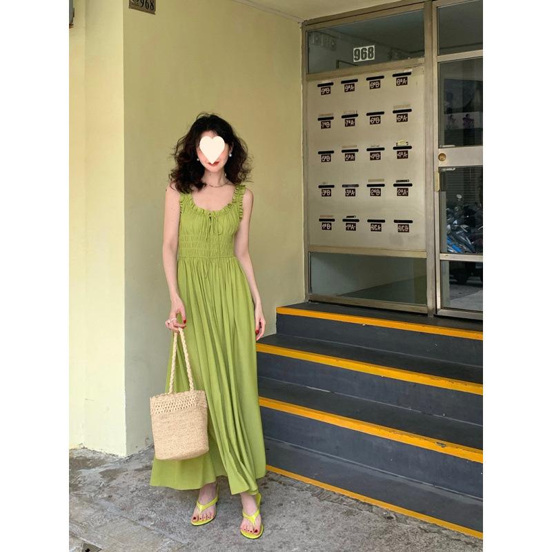 Summer New Retro Rose Red U-neck Suspender Sleeveless Long Skirt Waist Thin Big Swing Dress
