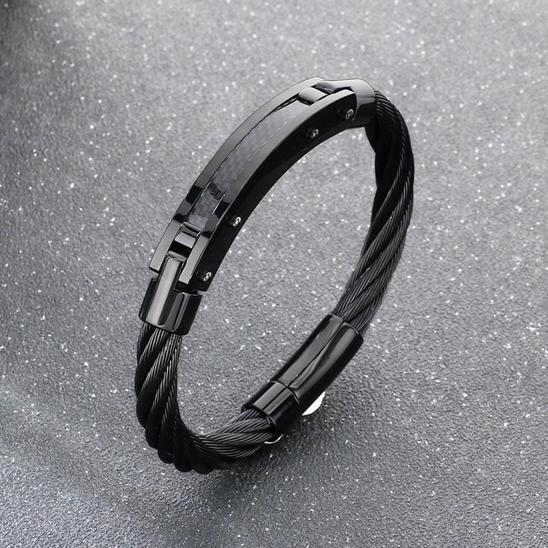Stainless Steel Cable Wire Bracelet for Men Gold Color Magnetic Clasp Jewelry Trendy Black Accent Wristband Accessory for Gifts