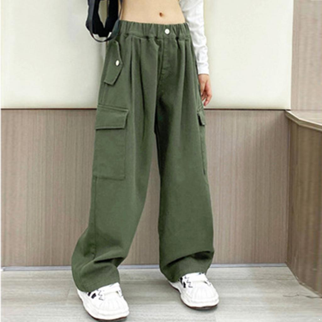 Kids Girls Stylish Clothing Elastic Waistband Cargo Wide Leg Long Pants for Daily Wear