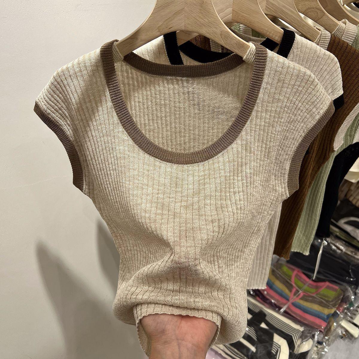 

Универсальный женский топ премиум-класса с коротким рукавом и круглым вырезом в корейском стиле, вязаный, с цветными блоками S хаки