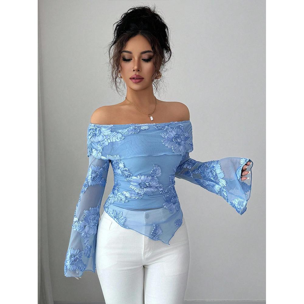 Spitze Langarm Tops für Damen Y2k Off-Shoulder Tops Sexy Durchsichtig Glockenärmel Ausgeh-Tops Mode Kleidung