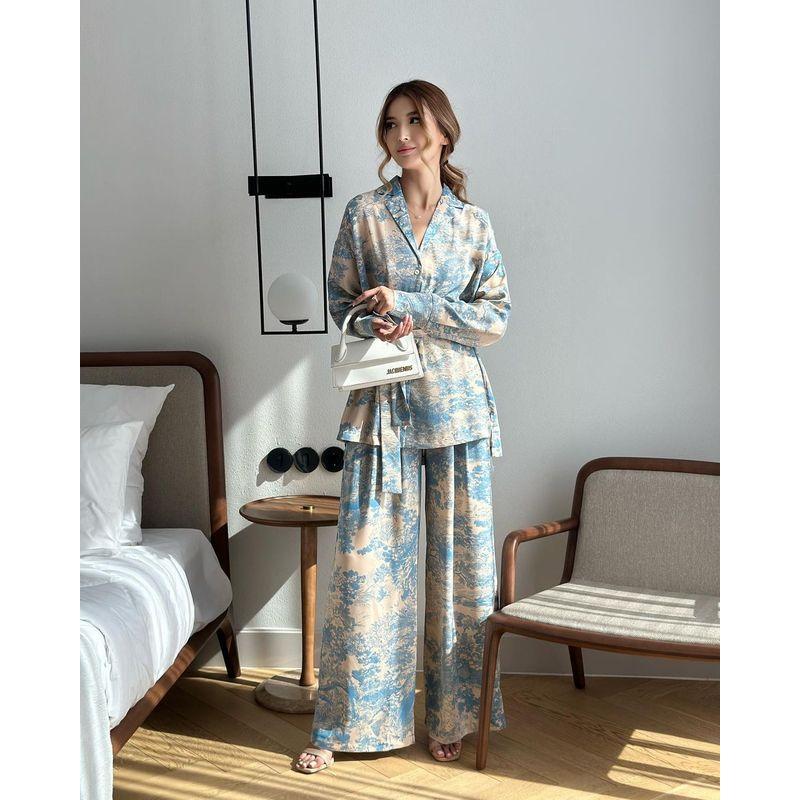 Shirt and Pants Set New Women Fashion French style Print Long sleeve Lace-up Shirts Wide Leg Pants Set