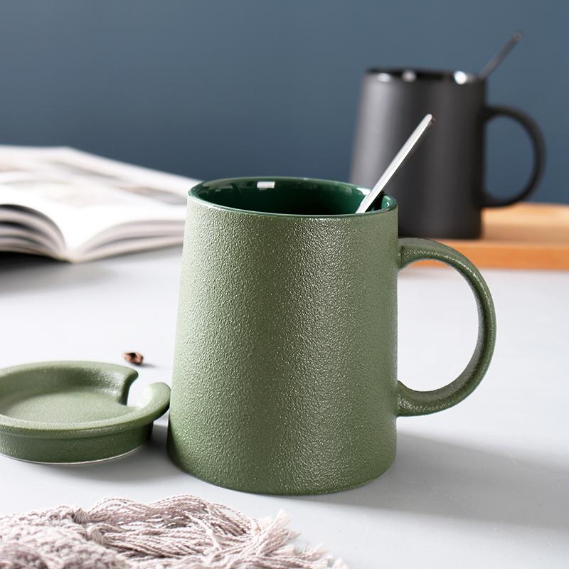 Retro Style Personalized Frosted Ceramic Mug Japanese Home Black Breakfast Cup with Lid and Spoon Office Mugs