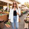 Women's Retro Denim Jacket Long Sleeve Button Up Lapel Collar Double Pocket Casual Coat