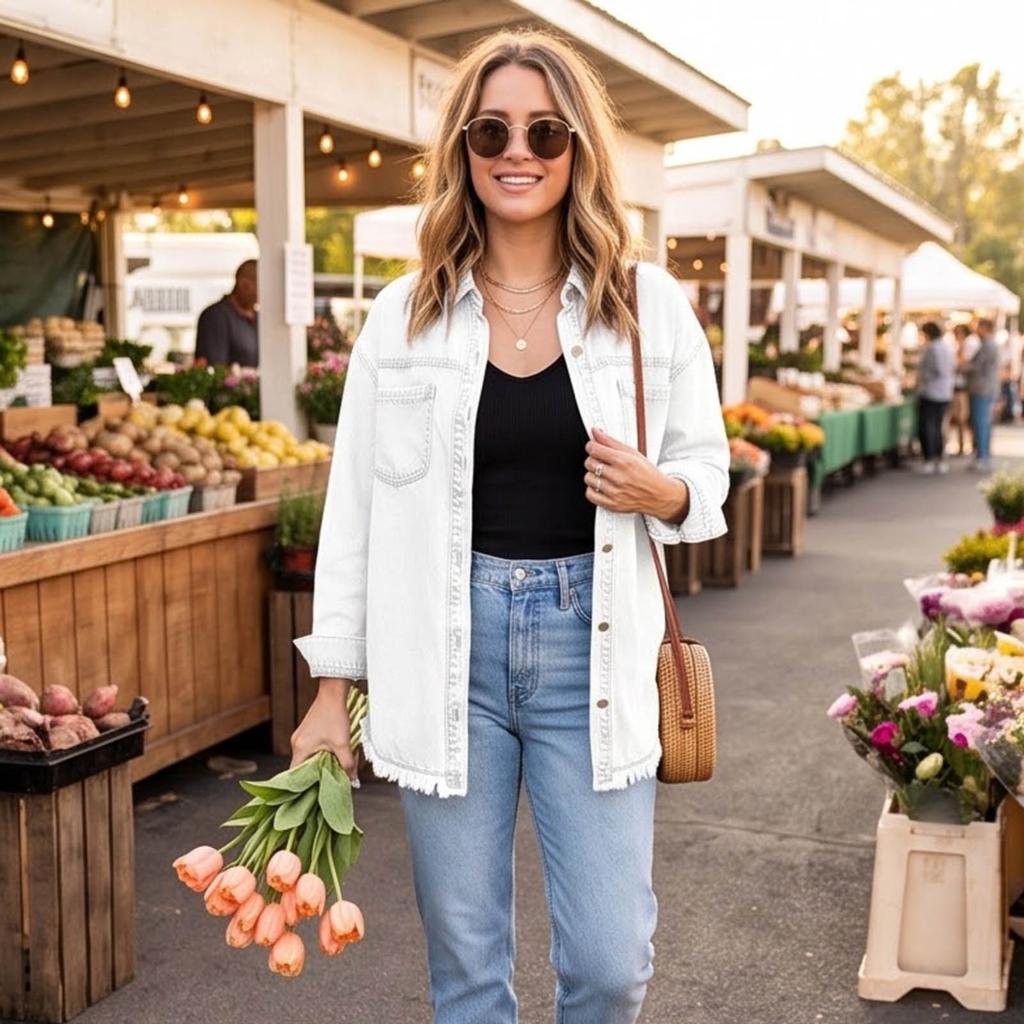 Women's Retro Denim Jacket Long Sleeve Button Up Lapel Collar Double Pocket Casual Coat