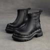 Johnature Genuine Leather Thick Soled Ankle Boots Retro Round Toe Thick Heeled Women's Short Boots