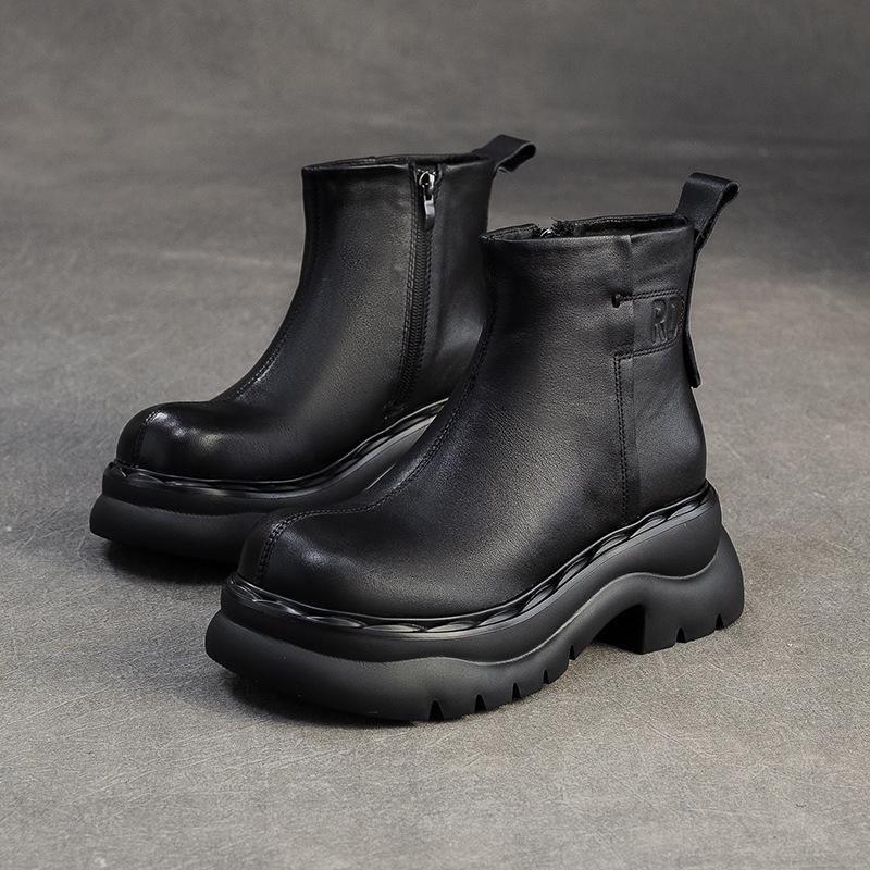 Johnature Genuine Leather Thick Soled Ankle Boots Retro Round Toe Thick Heeled Women's Short Boots