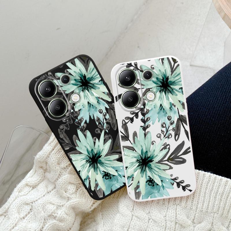 Green Flower Soft Silicone Case For Xiaomi Redmi Note 13 Pro 14C Samsung A55 M35 S24 FE iPhone Huawei Honor Realme Camera Protective Shockproof Cover