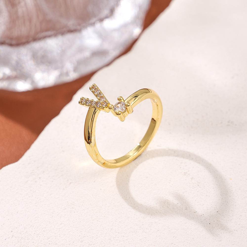 Copper Inlaid Zircon Alphabet Ring: Women's Fashionable Adjustable Open Ring