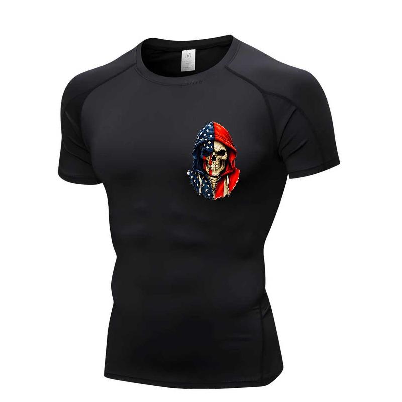 Men's Compression Shirt Quick Dry Black Gym T-Shirt USA Flag Skull Print Workout Sportswear