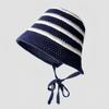 Summer Essential Striped Basin Hat with Knitted Hollow Out Design Foldable for Beach Sunshade