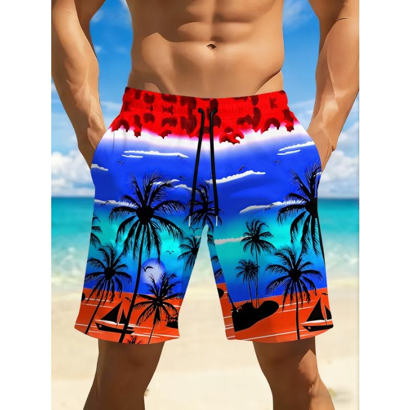 Men s quick drying swim trunks with bright red and black geometric 3D printing - casual S