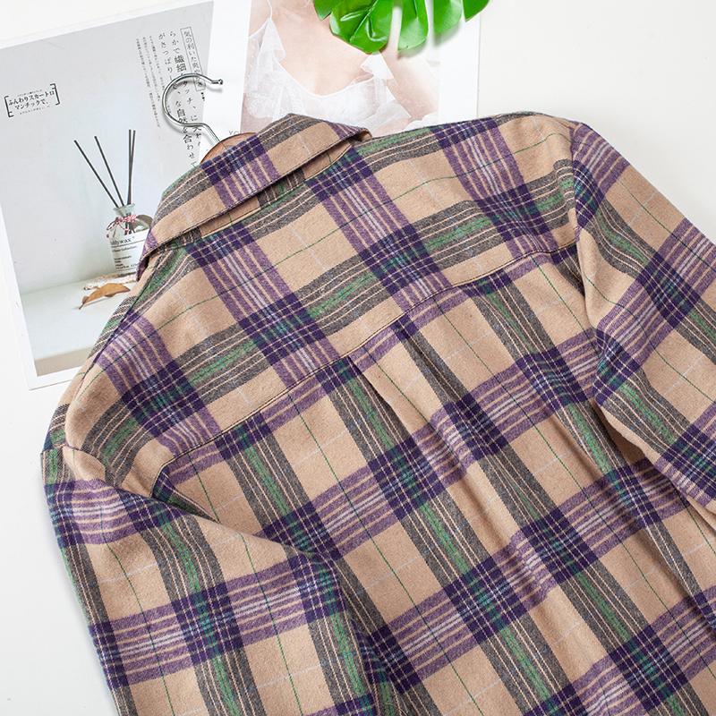 2024 våren Rutade skjortor Dam Topp och blusar Långärmad Oversized Dam Casual Blusas Pocket Lös Kvinnlig Rutig Skjorta Lila