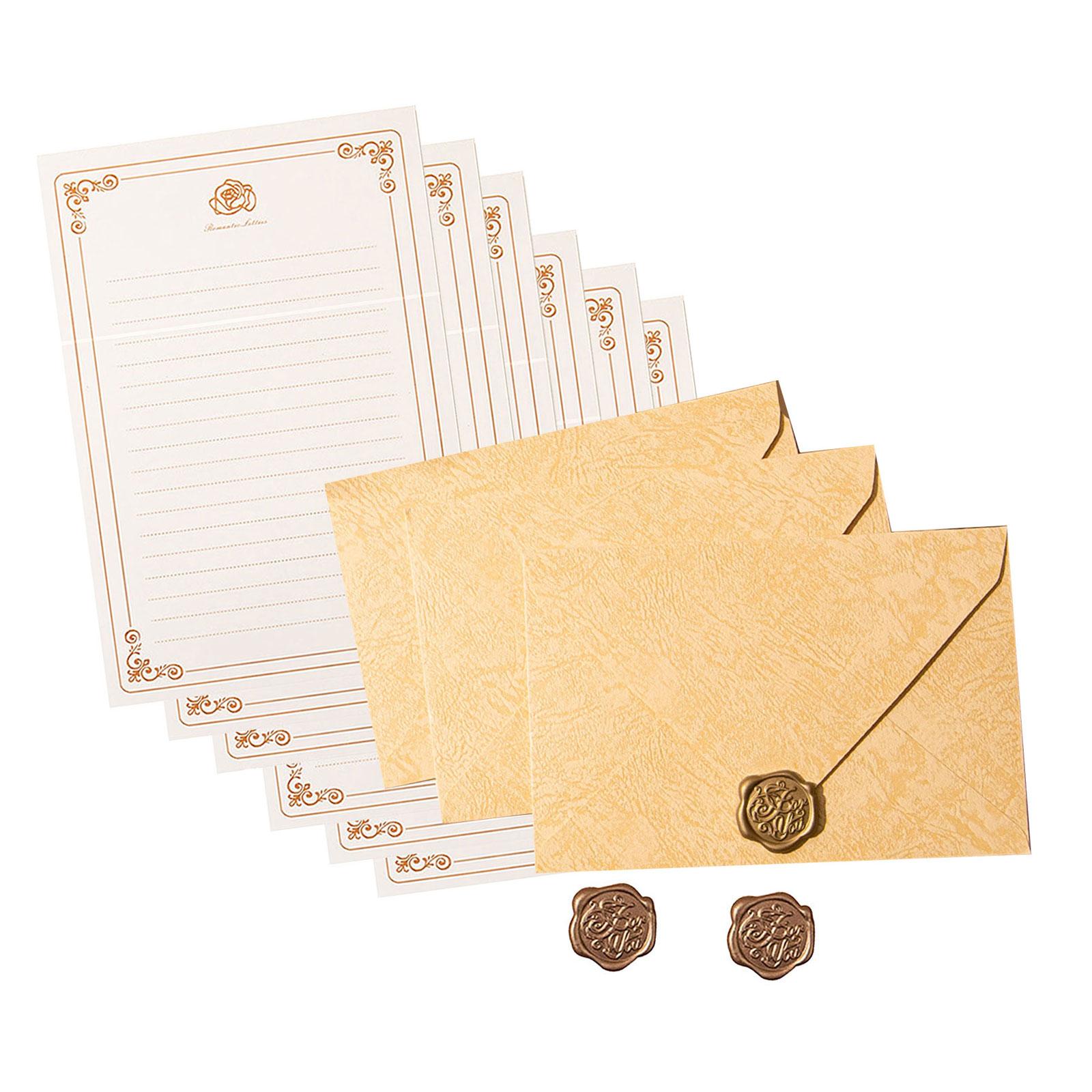 

Набор антикварных канцелярских принадлежностей для писем и конвертов, 6 листов линованной писчей бумаги, 3 конверта в тон, 3 наклейки с печатью и штампом 3