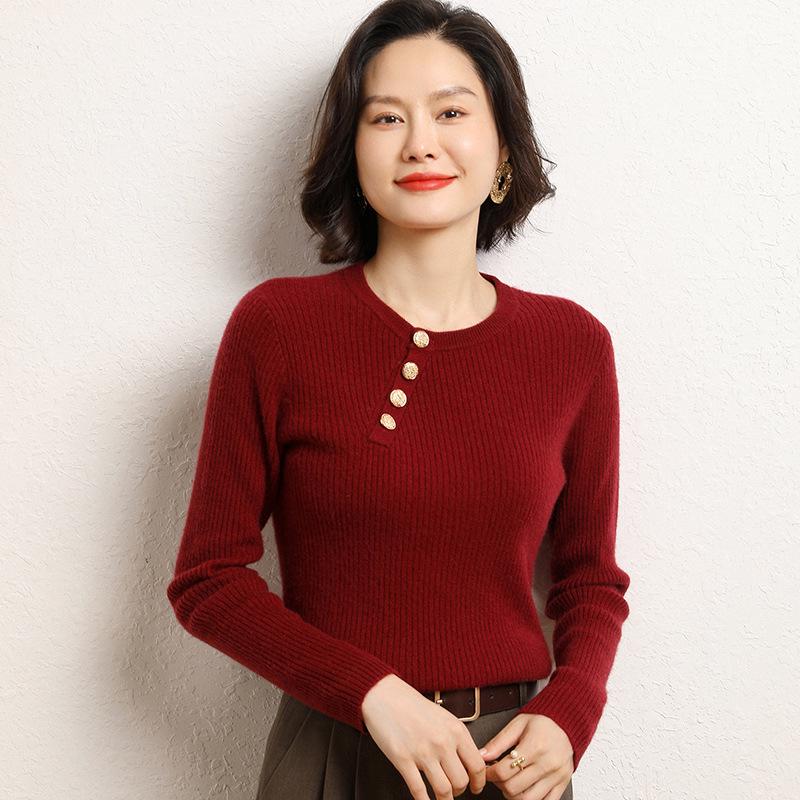 Women's Slim Fit Cashmere Sweater - Round Neck Ribbed with Diagonal Buttons, Elegant Knitwear for Autumn and Winter