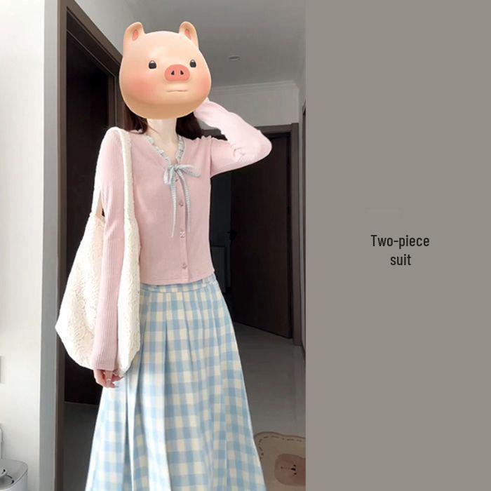 Women's Spring/Autumn Plaid Cardigan Dress with Lotus Leaf Collar - Trendy Two-Piece Set