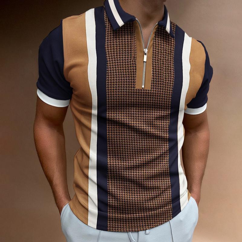 Summer Men's Casual Striped Houndstooth Digital Print T-Shirt Zipper Polo Shirt
