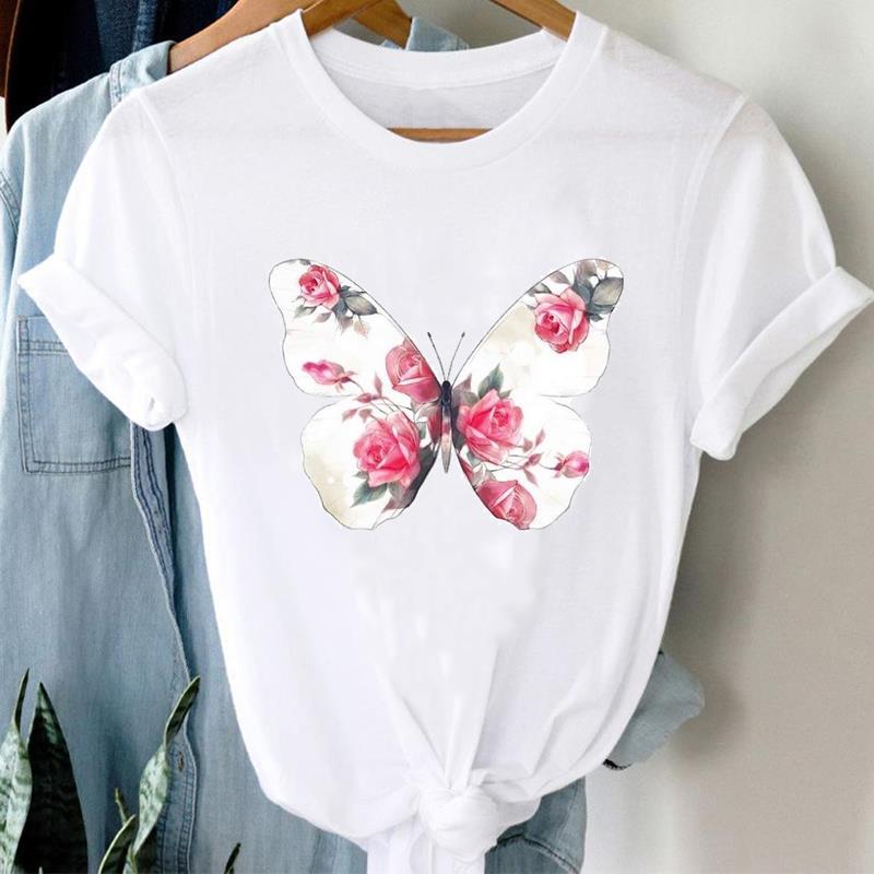 (Asian Size) Printed Clothing Top Fashion feather flower 90s Short Sleeve T-shirts Women Graphic Tee Lady Female Casual T Shirt Tees
