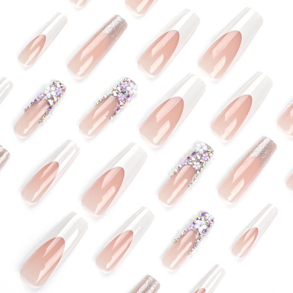 French White Edge Ultra-Long Nails with Rhinestones - European & American Style Manicure Tips