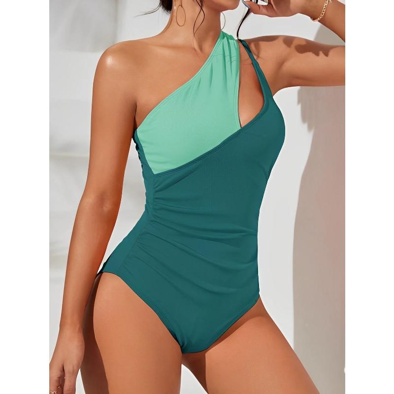 

2025 Двухцветный купальник на одно плечо с драпировкой сбоку Цельный купальник Женский Сексуальный купальник Купание Плавание Купальный костюм Женская пляжная одежда XXL зелёный