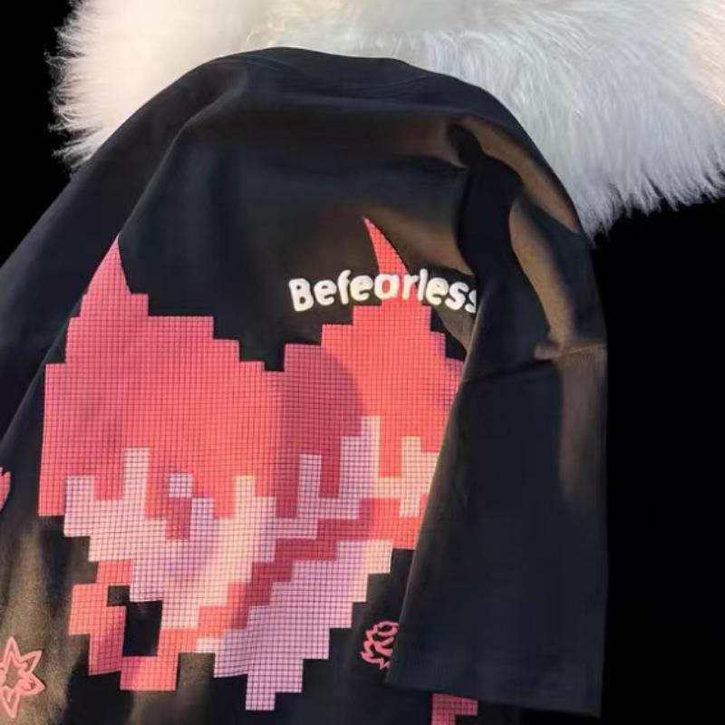 

Летняя футболка женская, хлопковая футболка с короткими рукавами и принтом «Маленький дьявол» в стиле ретро, ​​свободные топы для пар в американском стиле ретро 3XL чёрный