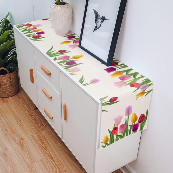 Tulip Table Runner Spring Summer Floral Linen Tablecloth Blooming Flowers Table Protector for Dining Table Home Farmhouse Decor Picnic Party