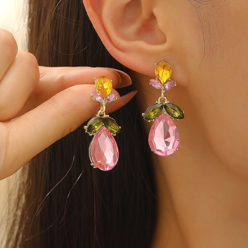 High quality light luxury fashion atmosphere color zircon flower water drop pendant earrings necklace set fresh and sweet jewelry