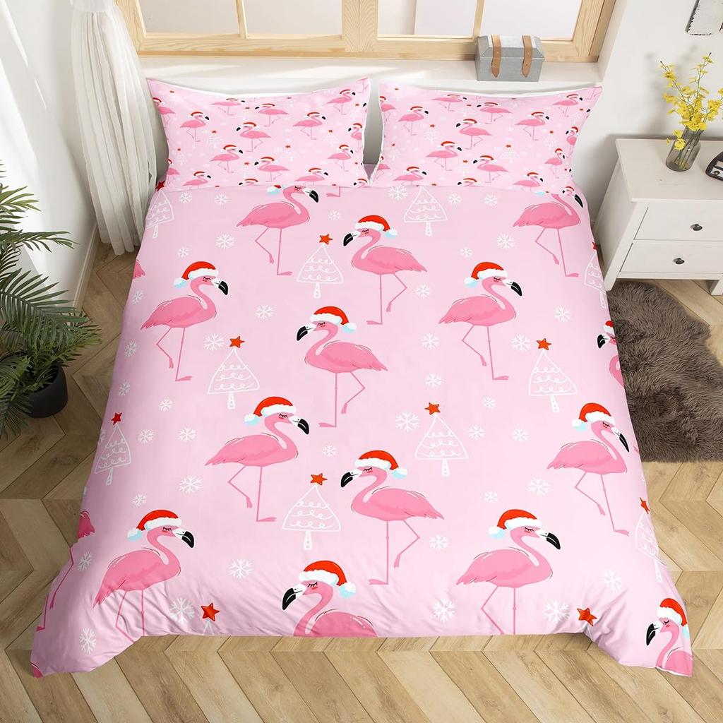 God Jul Sängkläder Rosa Påslakan Full Storlek Julgran Snögubbe Påslakan Drömsk Snöflinga Sängöverkast 3 delar