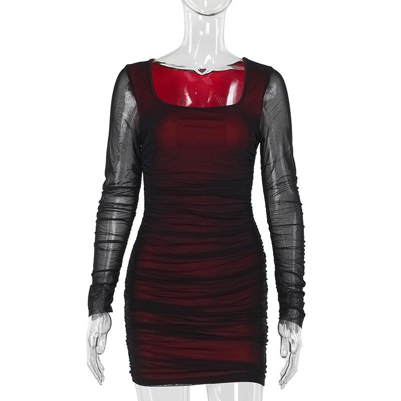 

YJ24409 Сетчатое платье с квадратным вырезом, длинным рукавом, приталенного кроя: Женский стиль, трансграничный, европейский и американский XXL темно-красного