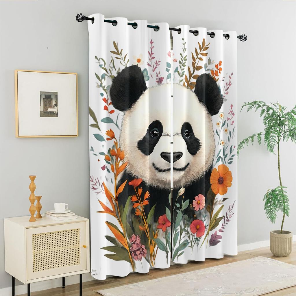 Vintage Watercolor Floral Giant Panda Full Print Window Curtains Grommet Top Nature Style Decorative Curtains