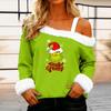 Women's Casual Fashion Sexy Off-Shoulder Collar Christmas Pattern Long Sleeve Crewneck T-Shirt Top