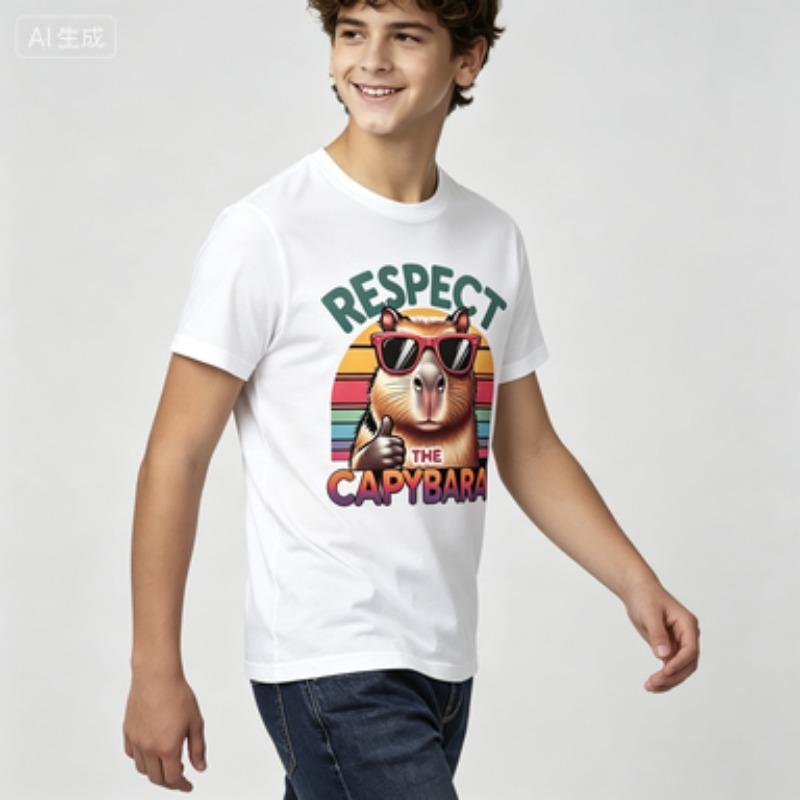 Respect The Capybara Tshirt Funny Animal Graphic Print Retro Rainbow Casual Tee Black White