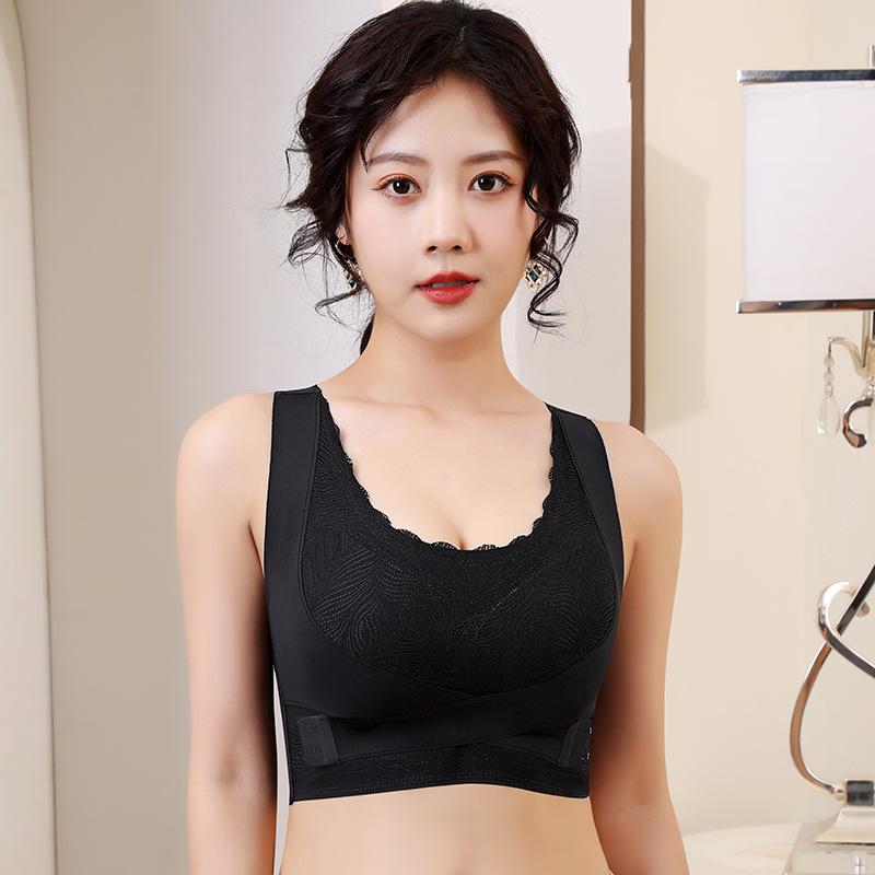 Lace V Neck Wide Strap Support Bra L чёрный