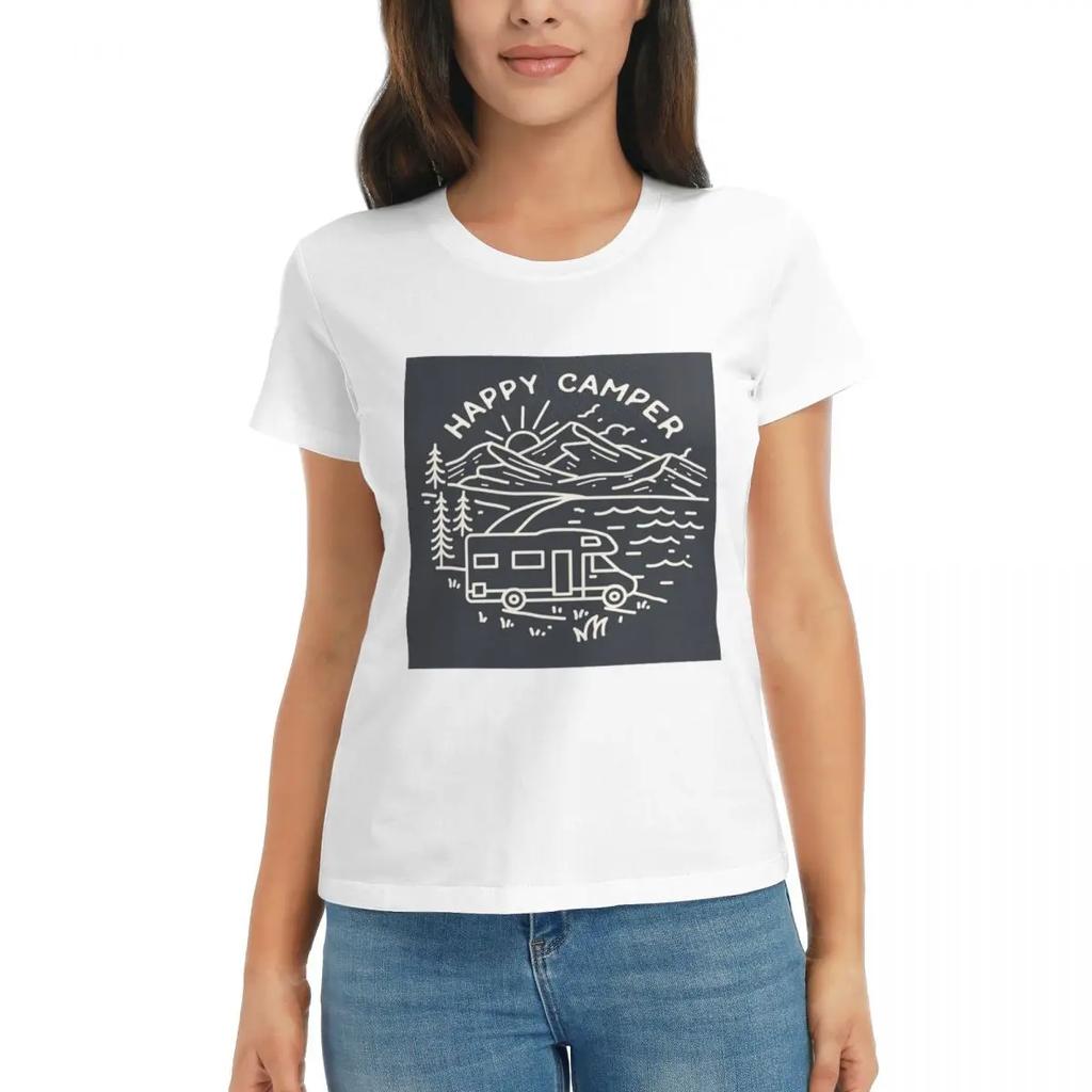 Women TShirt Happy Camper Motorhome60x90 Summer Short Sleeve Tees ONeck Cotton T Shirts Clothes Tops Streetwear