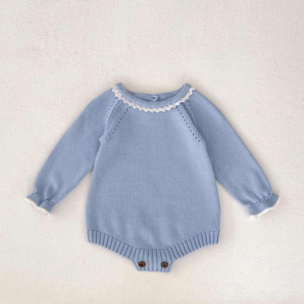 2025 Fall Infant Girl Cotton Lace Collar Long Sleeve Knitted Romper Bodysuit