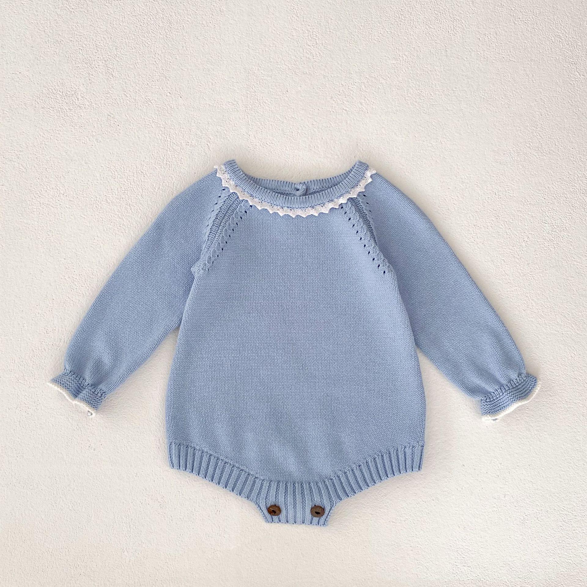 

Хлопковый вязаный ромпер-боди с длинным рукавом и кружевным воротником для младенца девочки, осень 2025 100 cm сланец синий