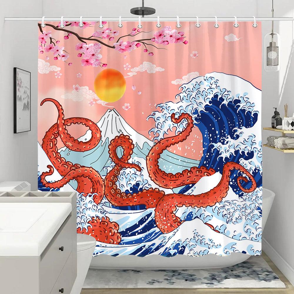 Shower Curtain Red Plum Blossom Branch Japanese Chinese Oriental Sun Misty Mountains Ink Nature Landscape Bathroom Curtains