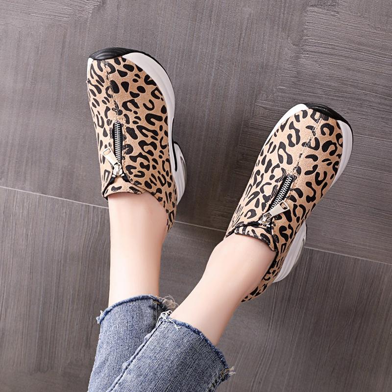 Women's Suede Platform Wedge Sneakers Hidden Heel Height Increasing Slip On Leopard Print Shoes