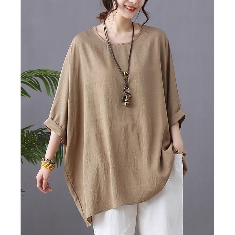 

DIMANAF 2024, новая летняя футболка больших размеров, женская однотонная свободная футболка с круглым вырезом, большие размеры One Size бежевый