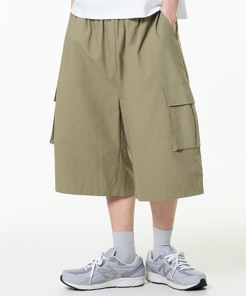 MOZMOZ Linen-Like Cargo Bermuda Wide Pants Khaki