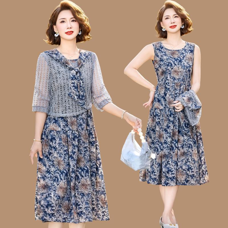 

Mom s 2026 Fashion Floral Two-Piece Chiffon Dress for Middle-Aged Women 4XL (approx. 150-160 jin)