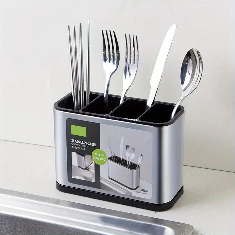 Stainless Steel Storage Basket Kitchen Utensil Holder with Drain Holes Anti-SlipWall Mount Storage for Forks Spoons