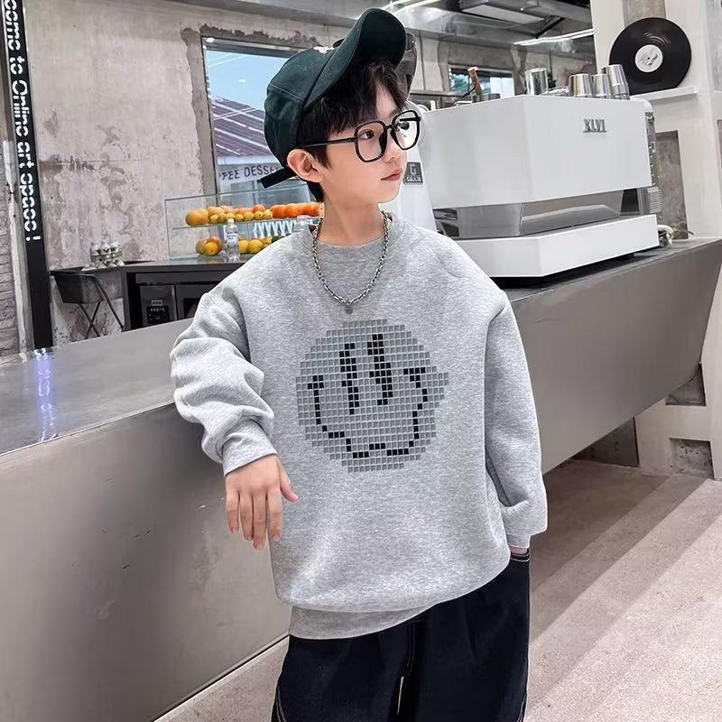 2024 Boys' Smiley Print Long Sleeve Sweatshirt - Spring/Autumn Style for Big & Middle Kids