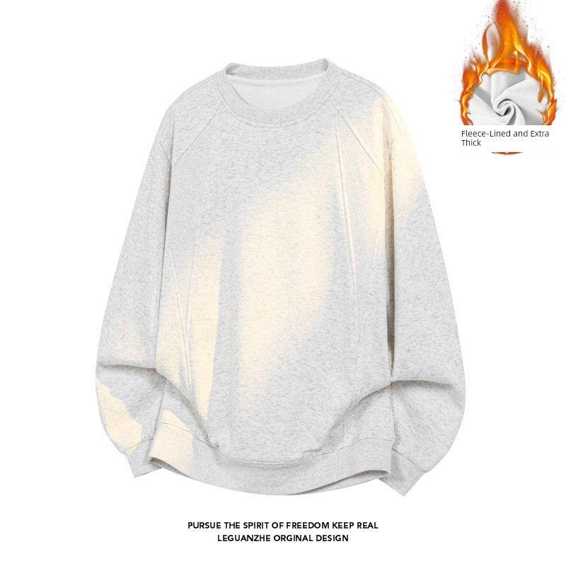 Dongjie No Logo Flus Autumn and Winter Fleece-Lined Large Size Round Neck Long-Sleeved Sweatshirt for Men, Warm Inner Layer Base Shirt White Flower Ash 5XL