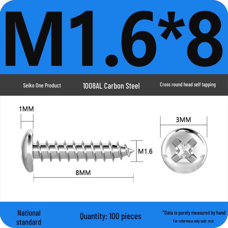 Galvanized Self-Tapping Screws, Round Head, White Zinc, PA Cross Pan, Pointed Tail M1.2-M4