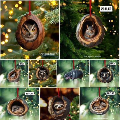 4PCS/6PCS/9PCS/13PCS/15PCS Set New Animal World Hippo Raccoon Owl Christmas Decoration Christmas Tree Pendant 2D Acrylic Flat Pendant
