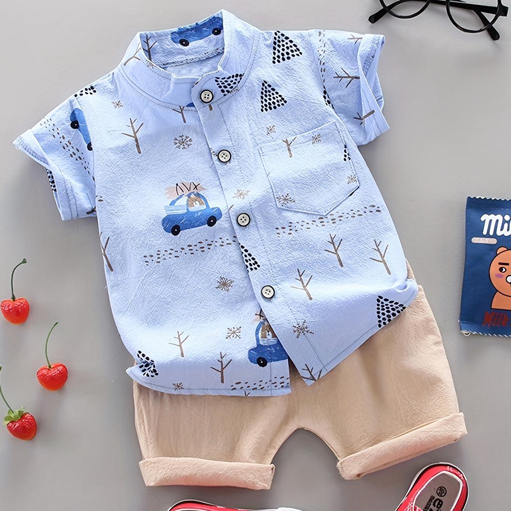 Infant and Toddler Summer Full Print Bear Driving Pattern Short Sleeved Shorts Set for Outdoor Standing Collar Shirt Fashion Two