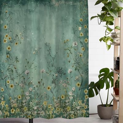 Vintage Duschvorhang mit Blumen- und Blattdruck und 12 Haken - Wasserdichtes Polyester, Grün-Weißes Blumendesign für Badezimmerdeko