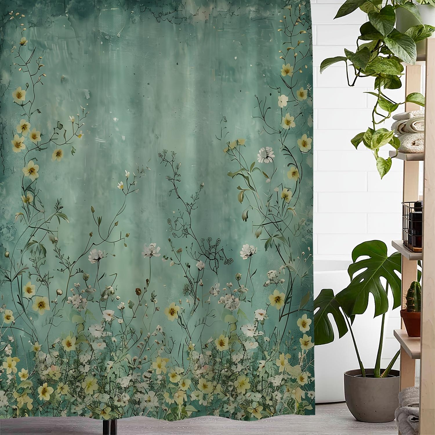 

Vintage Floral & Foliage Print Shower Curtain With 12 Hooks - Waterproof Polyester, Green & White Floral Design For Bathroom Dec W60H190(CM)-1 Pcs