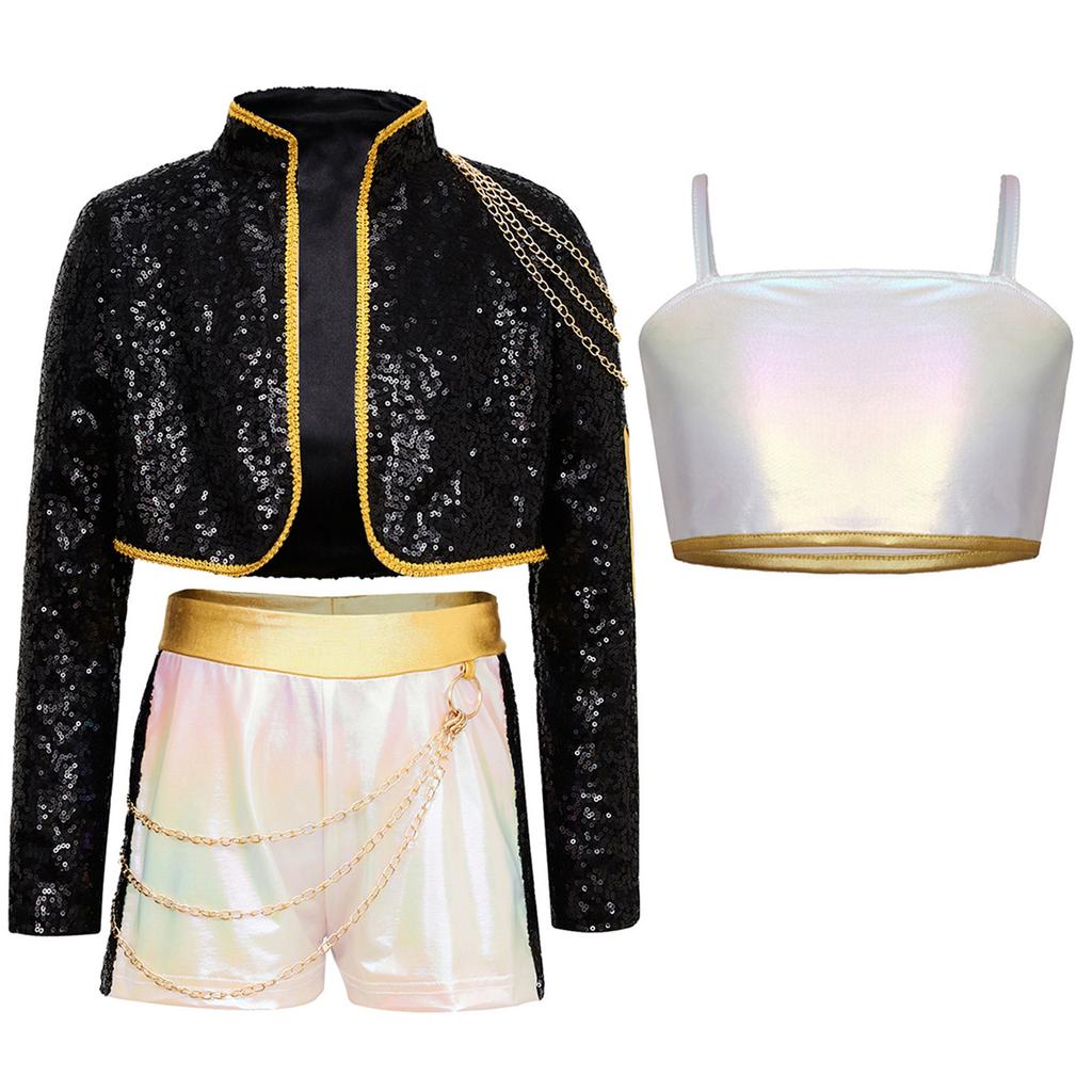 Kids Demon Singer Leader 3 Piece Dance Set Sequins Jacket Crop Top with Shorts Stage Performance Outfit